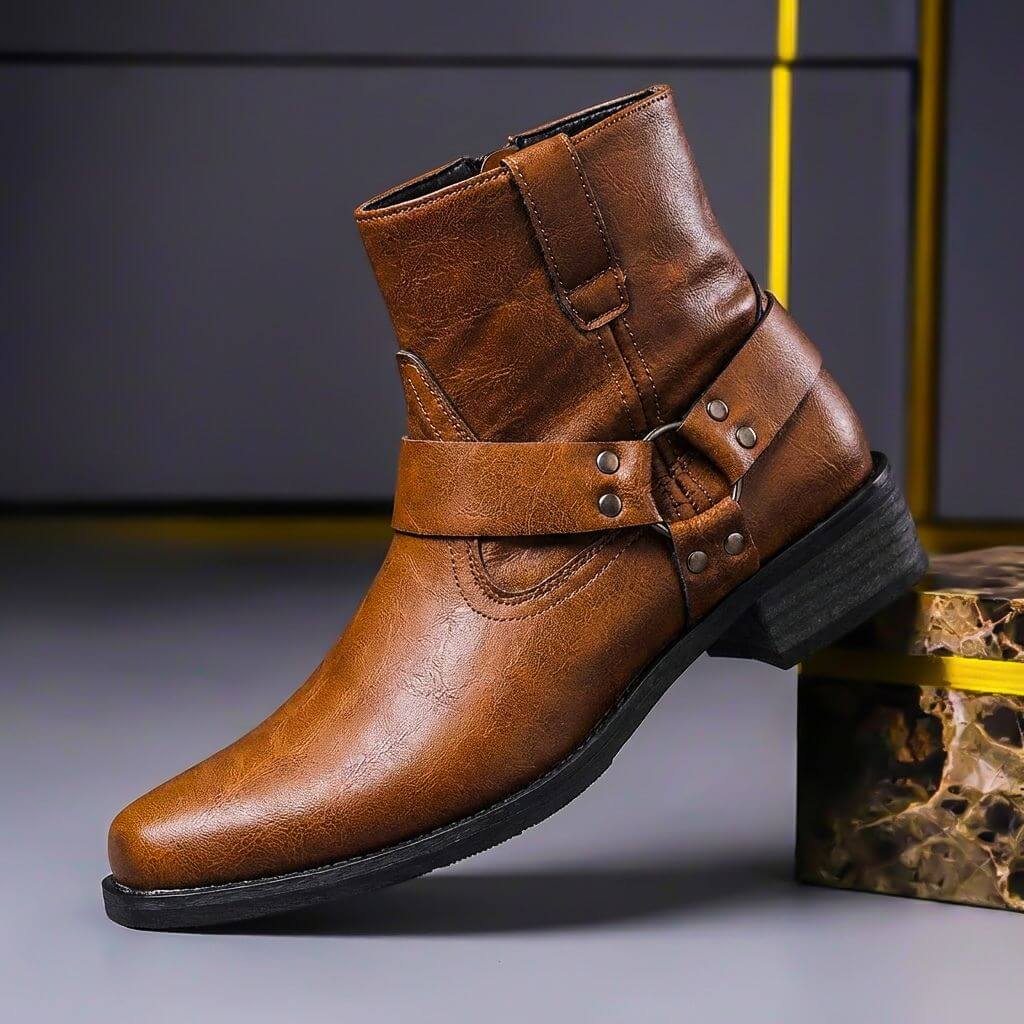 Men's ankle boots with cross-over buckled straps, metal studs and low heel