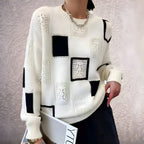 Women's geometric patchwork jumper with crew neck and long sleeves