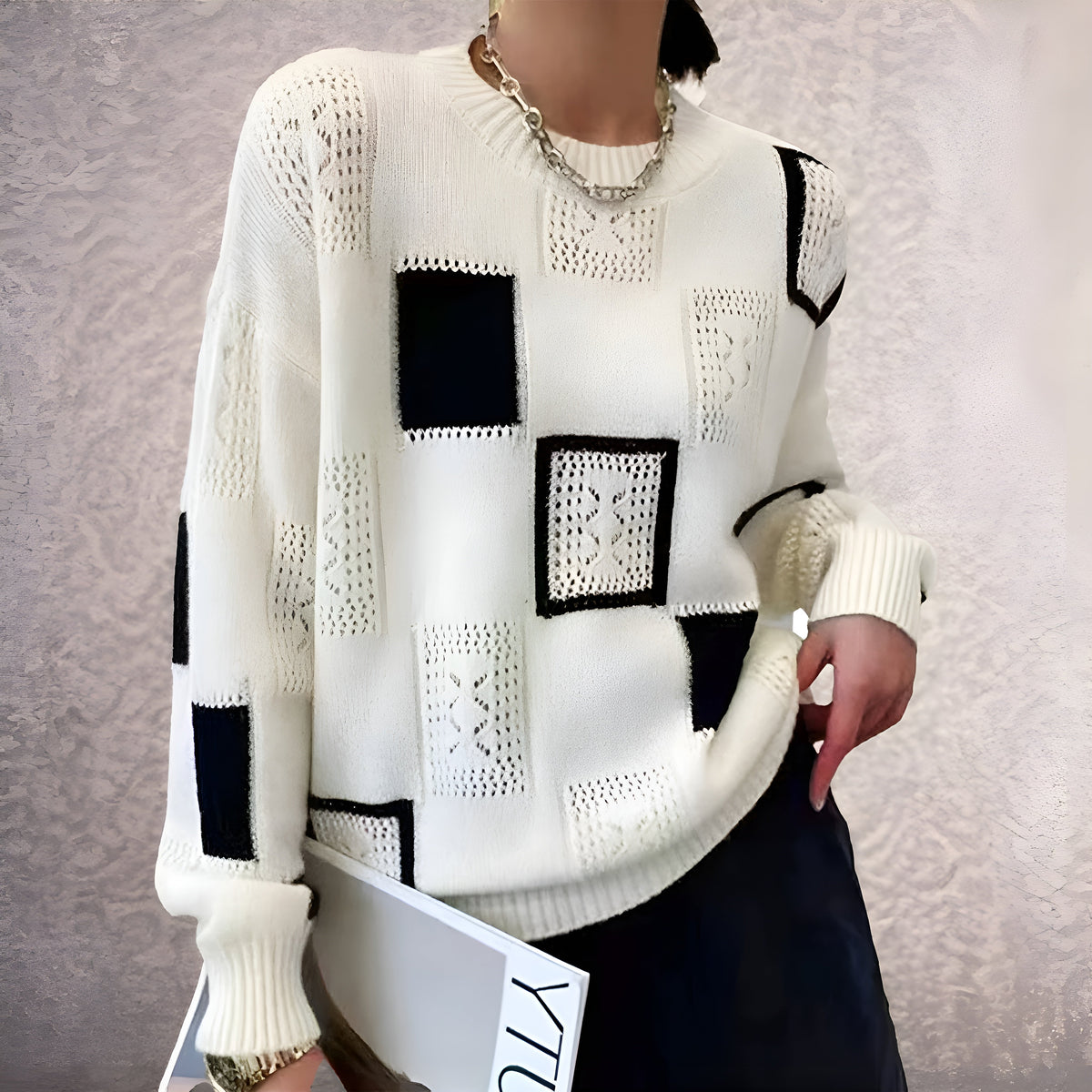 Women's geometric patchwork jumper with crew neck and long sleeves