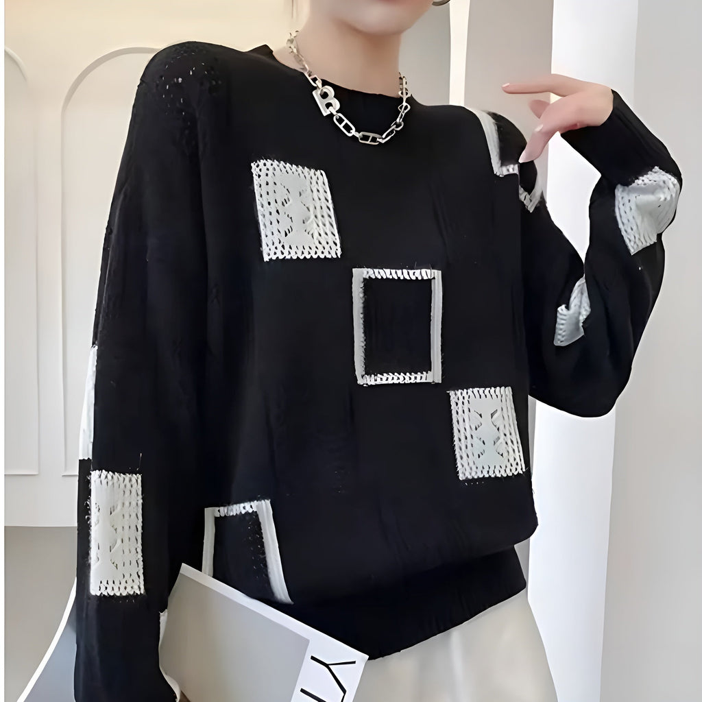 Women's geometric patchwork jumper with crew neck and long sleeves
