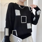 Women's geometric patchwork jumper with crew neck and long sleeves