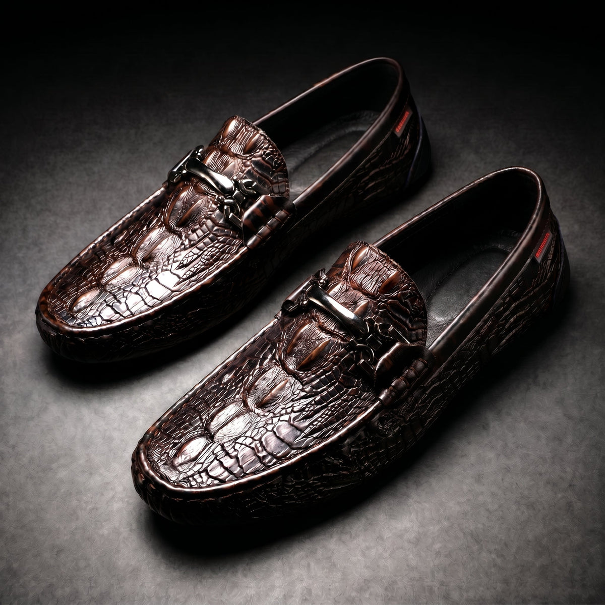 Men's croc-embossed loafers with horsebit detail and rounded toes