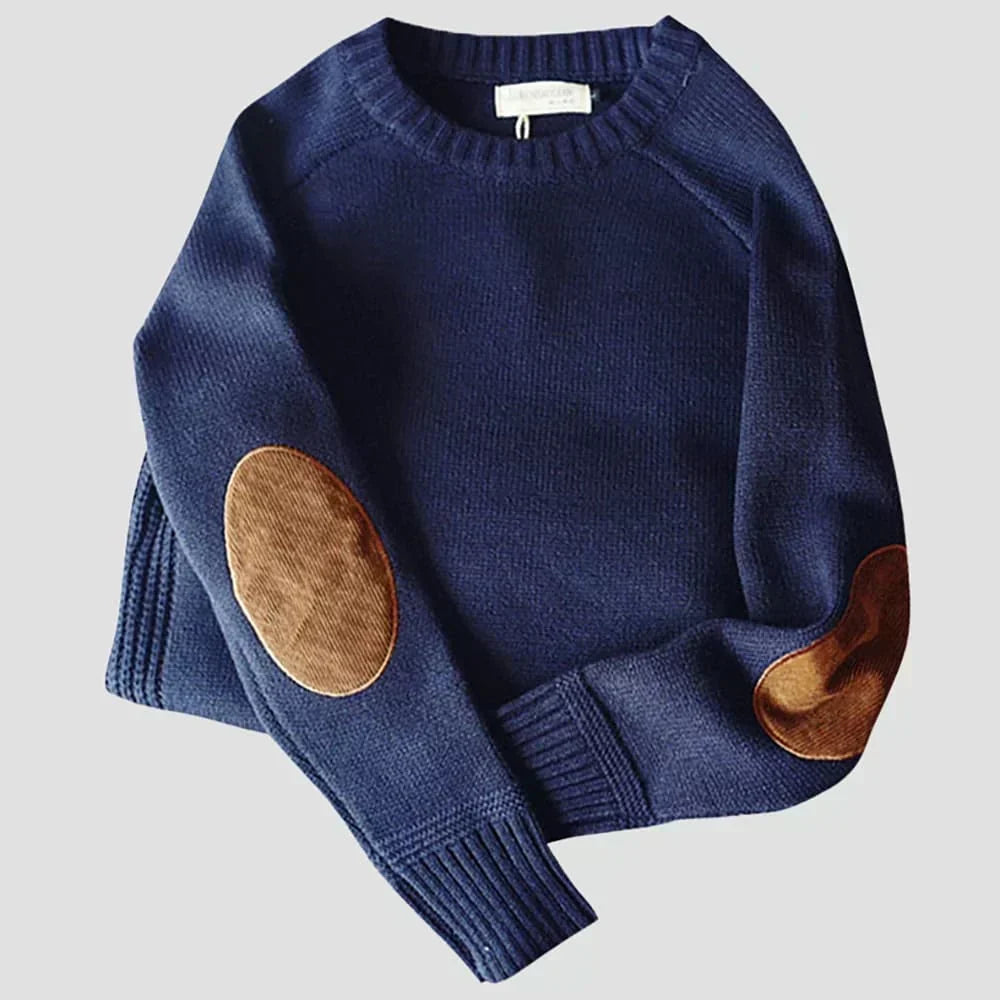 Men's knitted crew neck jumper with contrasting elbow patches