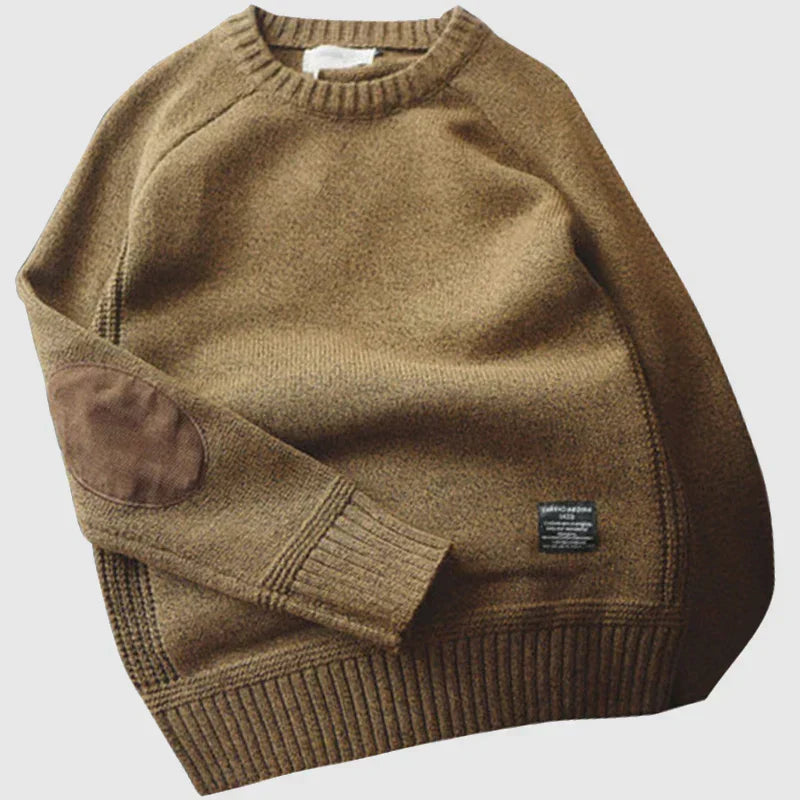 Men's knitted crew neck jumper with contrasting elbow patches