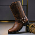 Tall biker boots with harness straps, metal studs and low block heels