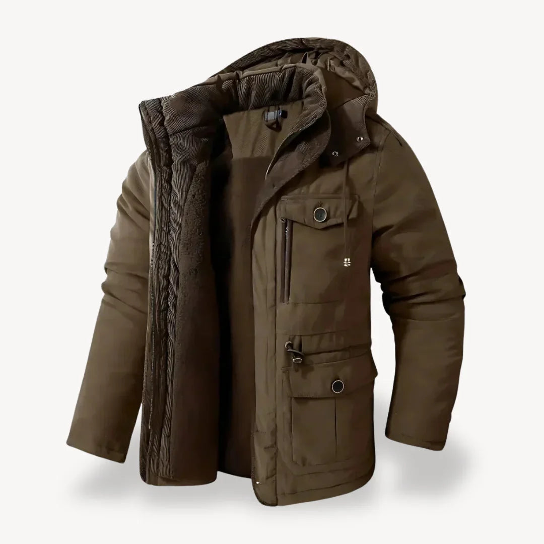 Men's hooded winter jacket with zip front and multiple utility pockets