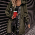 Women's olive green hooded mid-length parka coat with zip front and ribbed cuffs