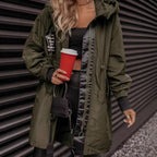 Women's olive green hooded mid-length parka coat with zip front and ribbed cuffs