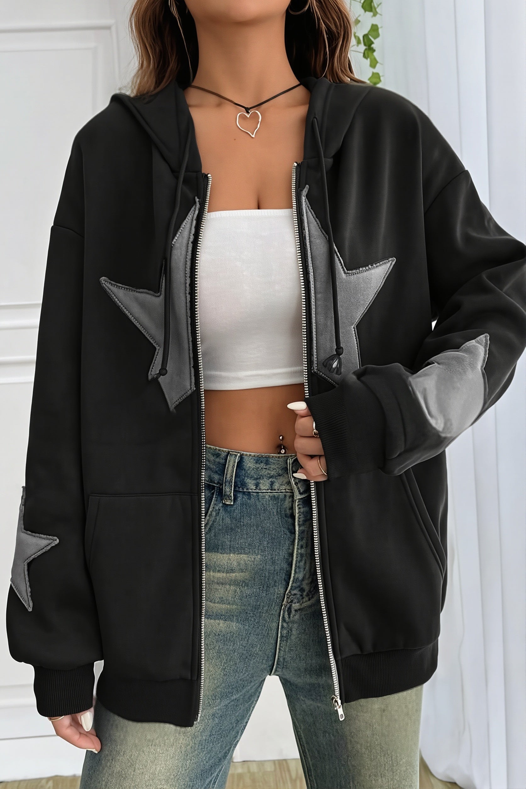 Women's oversized zip hoodie with hood and contrast star appliques