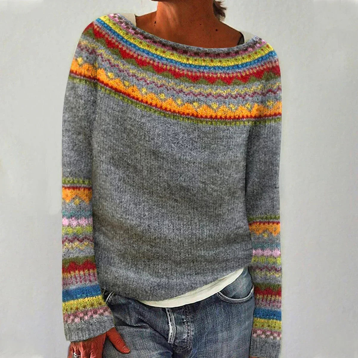 Women's striped Nordic jumper with boat neckline and long sleeves