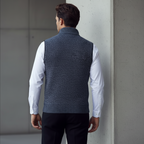 Men's knitted sleeveless vest with stand collar and zip fastening