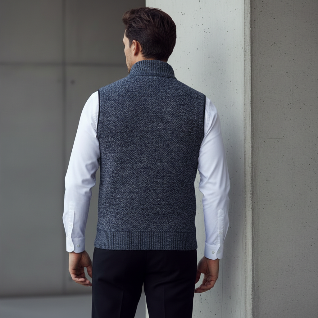Men's knitted sleeveless vest with stand collar and zip fastening