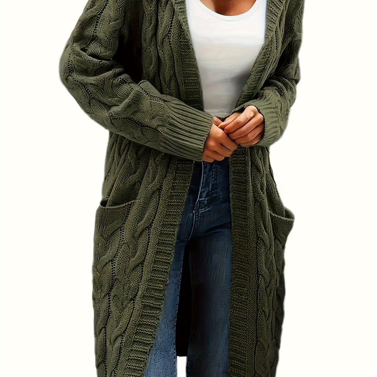 Women's long textured knit cardigan with open front, long sleeves and front pockets