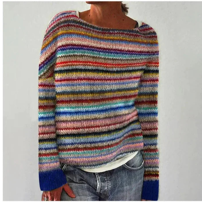 Women's striped Nordic jumper with boat neckline and long sleeves