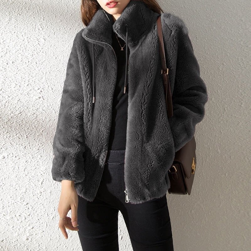 Women's plush fleece jacket with high collar, long sleeves and front zip