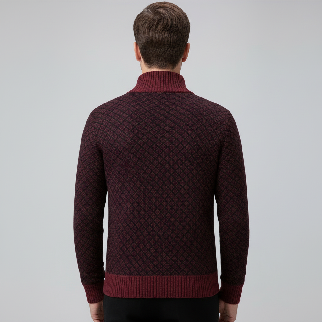 Men's geometric diamond-pattern zip-up jumper with mock neck collar and long sleeves