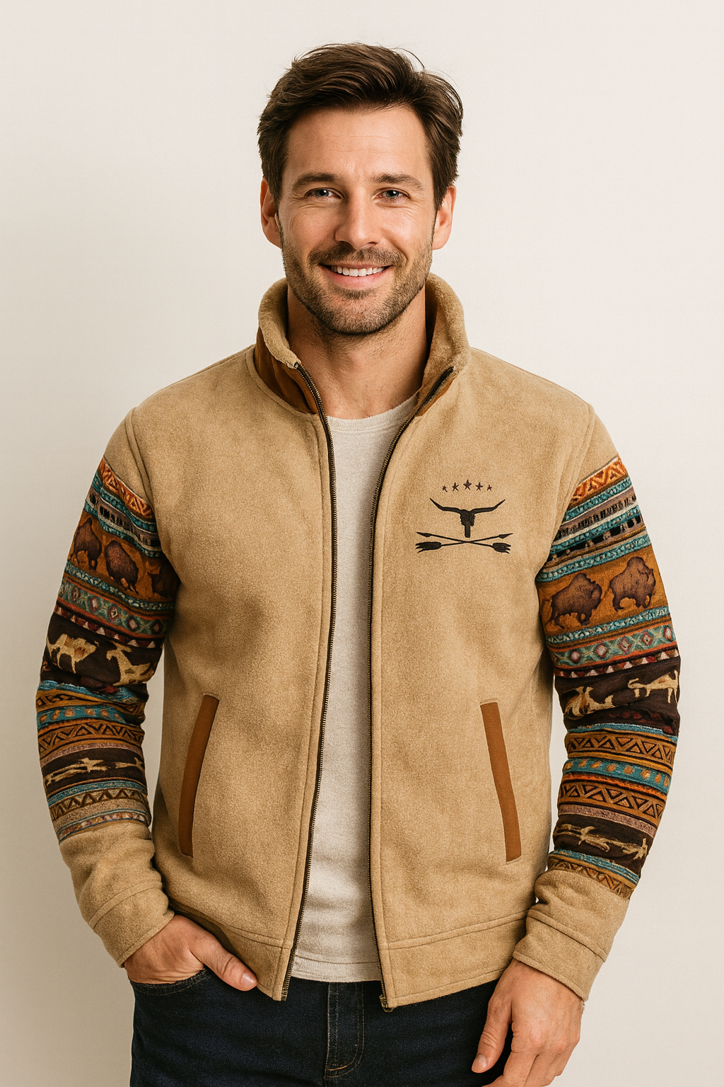 Men's jacket with a stand collar, full zip and patterned long sleeves