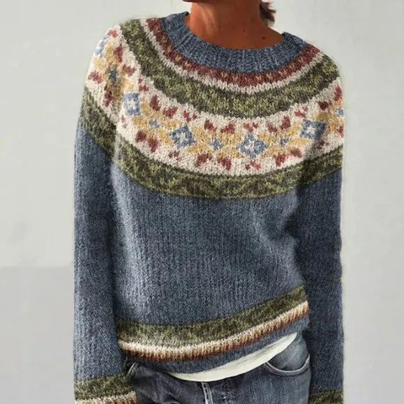 Women's striped Nordic jumper with boat neckline and long sleeves