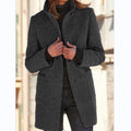 Women's button-front coat with stand collar, long sleeves and patch pockets