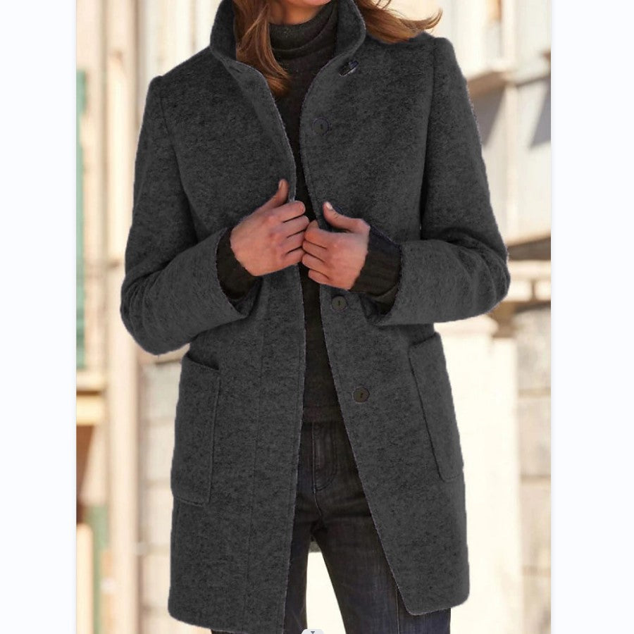 Women's button-front coat with stand collar, long sleeves and patch pockets