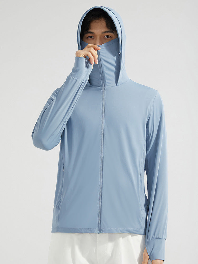 Women's hooded zip jacket with detachable face cover and long sleeves