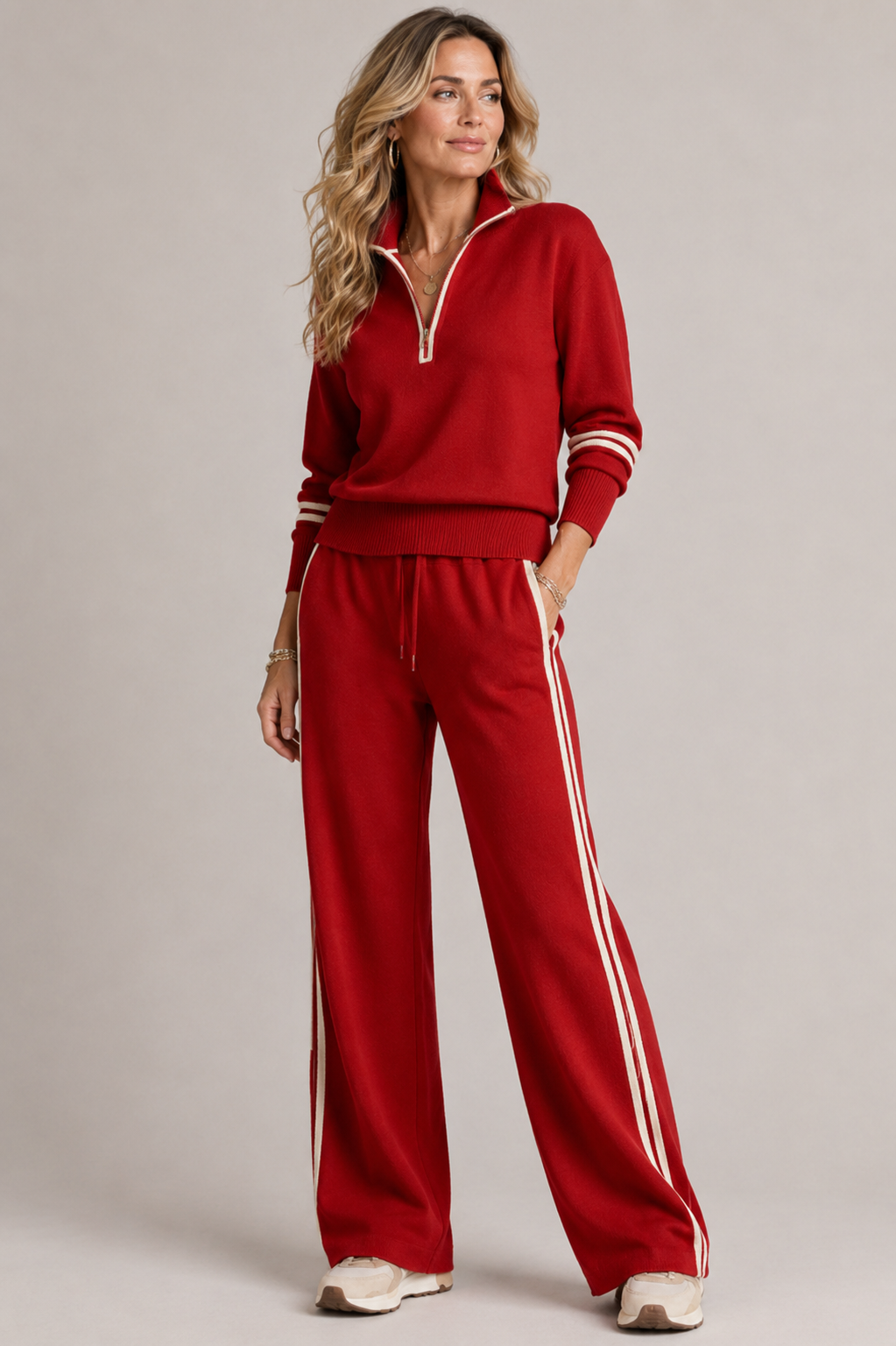 Women's zip sweater and wide-leg trousers set with striped trim
