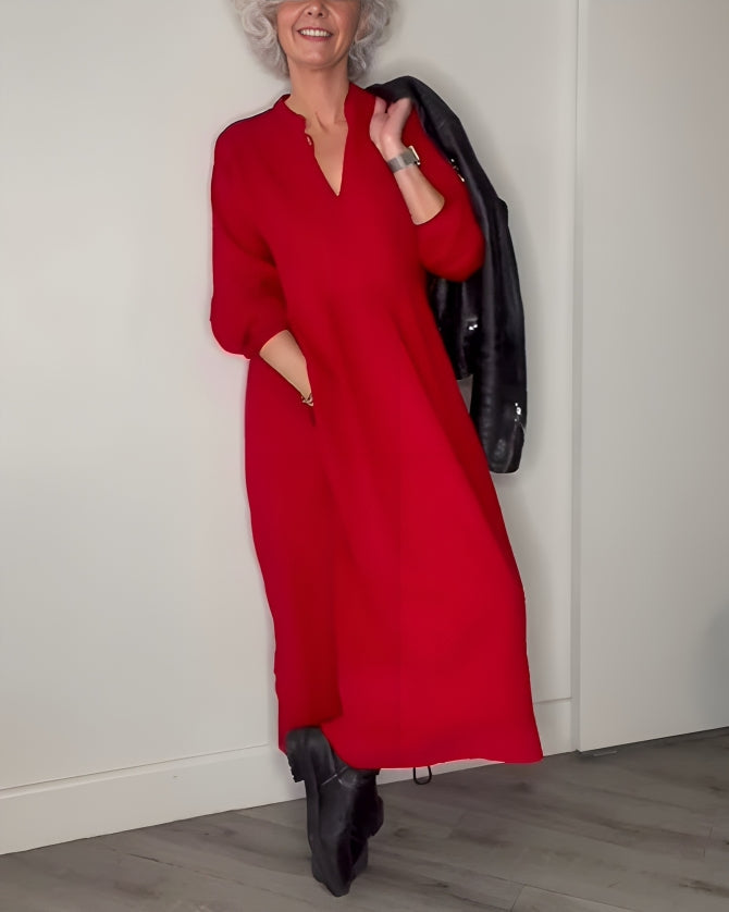 Women's long sleeve plain maxi dress with round neckline and A-line shape