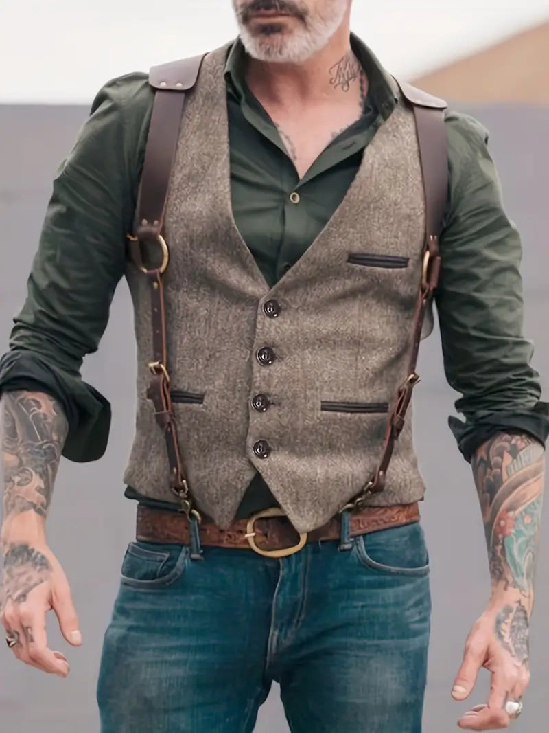 Men's vintage button waistcoat with V-neckline, welt pockets and adjustable side straps