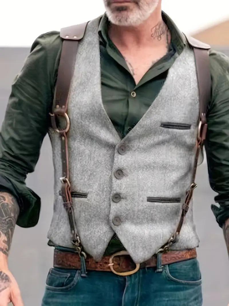 Men's vintage button waistcoat with V-neckline, welt pockets and adjustable side straps