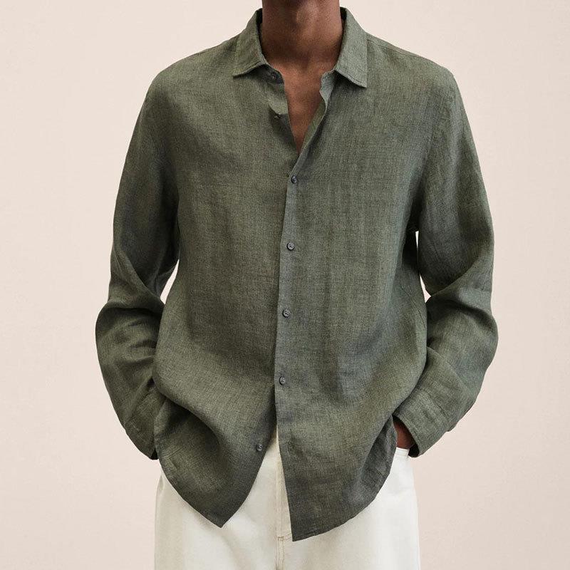 Men's plain long-sleeve collared shirt with button front and curved hem