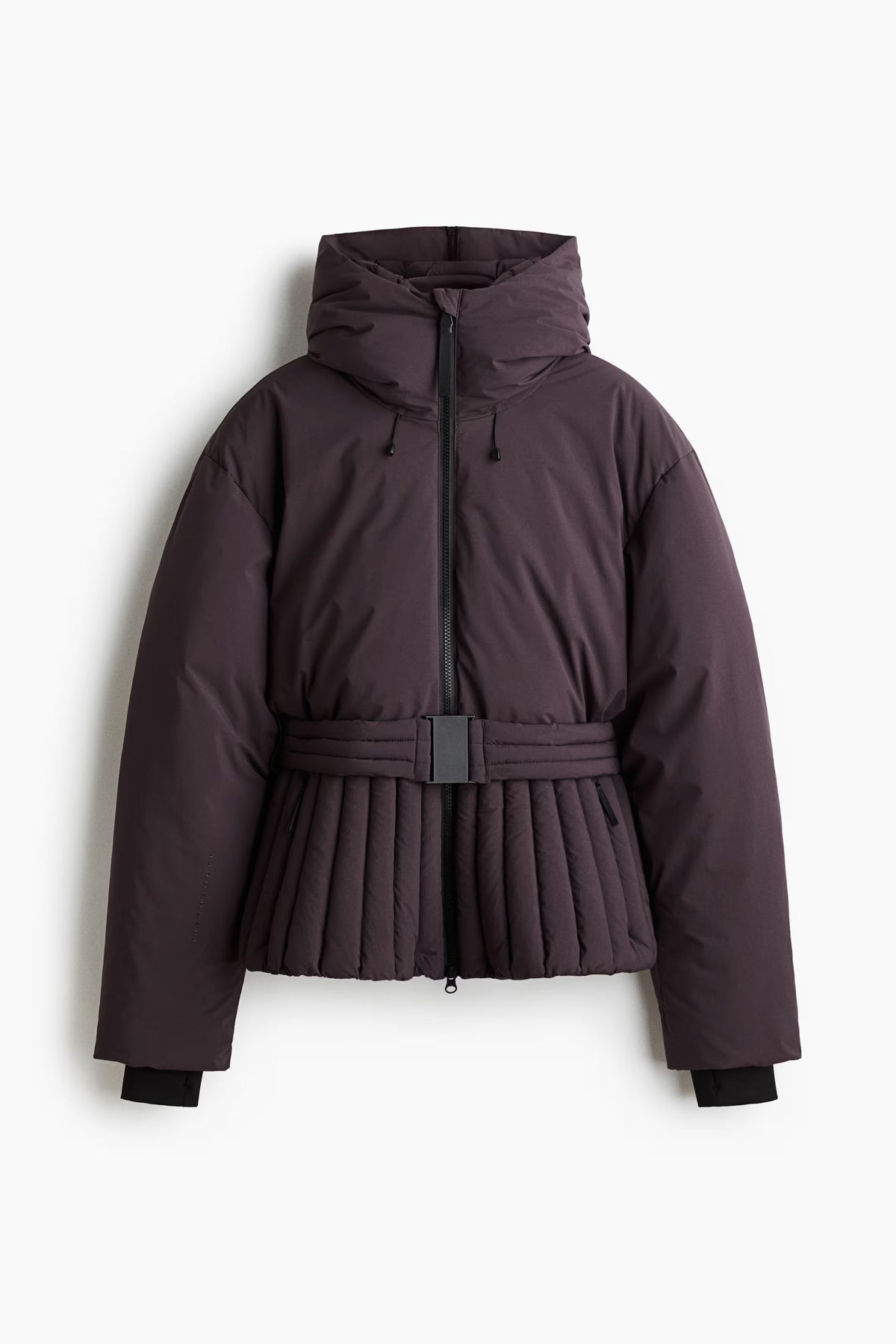 Women's hooded quilted ski jacket with belted waist and long sleeves