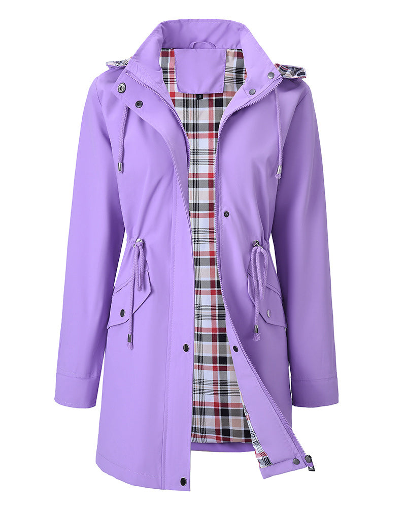 Women's long hooded trench coat with contrasting checked plaid lining