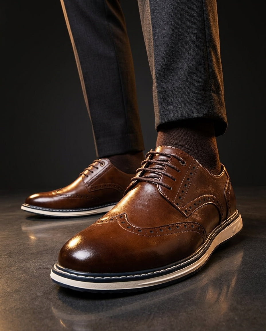 Men's wingtip brogue sneakers with perforated detailing and layered soles