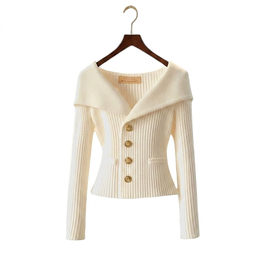 Women's ribbed cardigan with Bardot collar, long sleeves and button front