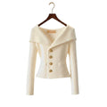 Women's ribbed cardigan with Bardot collar, long sleeves and button front