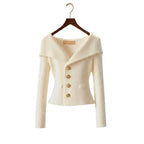 Women's ribbed cardigan with Bardot collar, long sleeves and button front