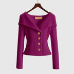 Women's ribbed cardigan with Bardot collar, long sleeves and button front