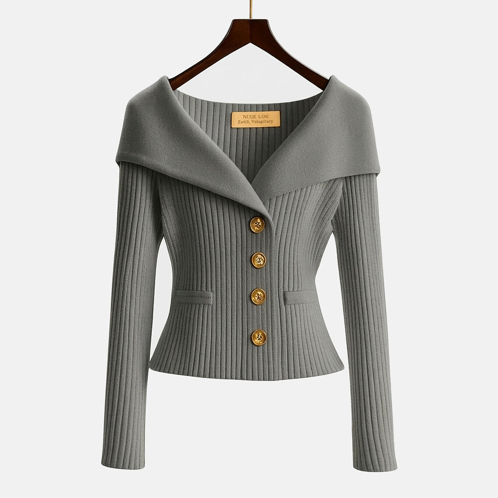 Women's ribbed cardigan with Bardot collar, long sleeves and button front