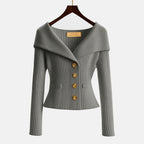 Women's ribbed cardigan with Bardot collar, long sleeves and button front