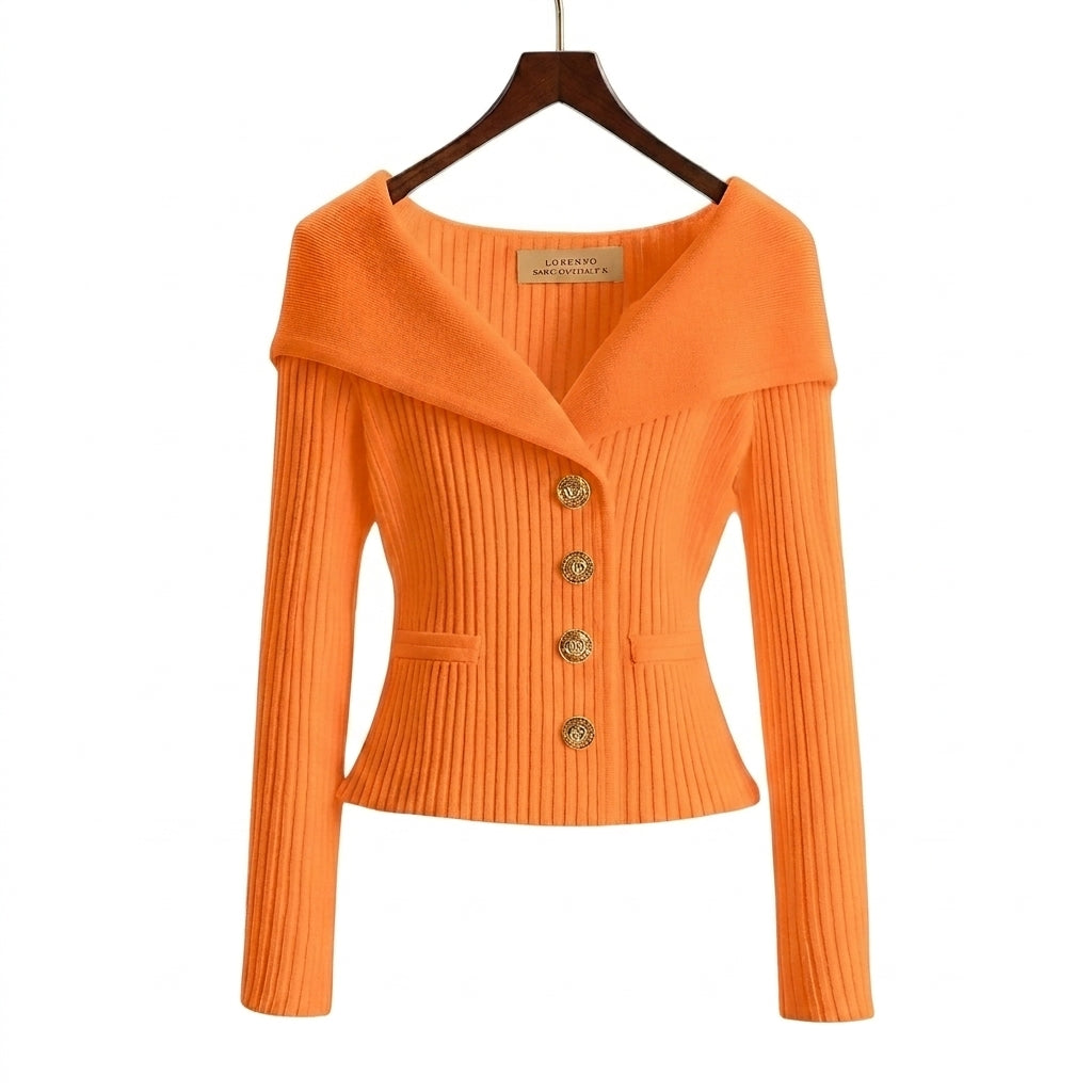 Women's ribbed cardigan with Bardot collar, long sleeves and button front