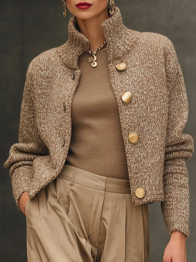 Women's beige textured knit cardigan with high collar and large buttons