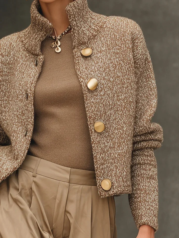 Women's beige textured knit cardigan with high collar and large buttons