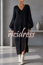 Women's plain knitted midi dress with V-neck, button front and balloon sleeves