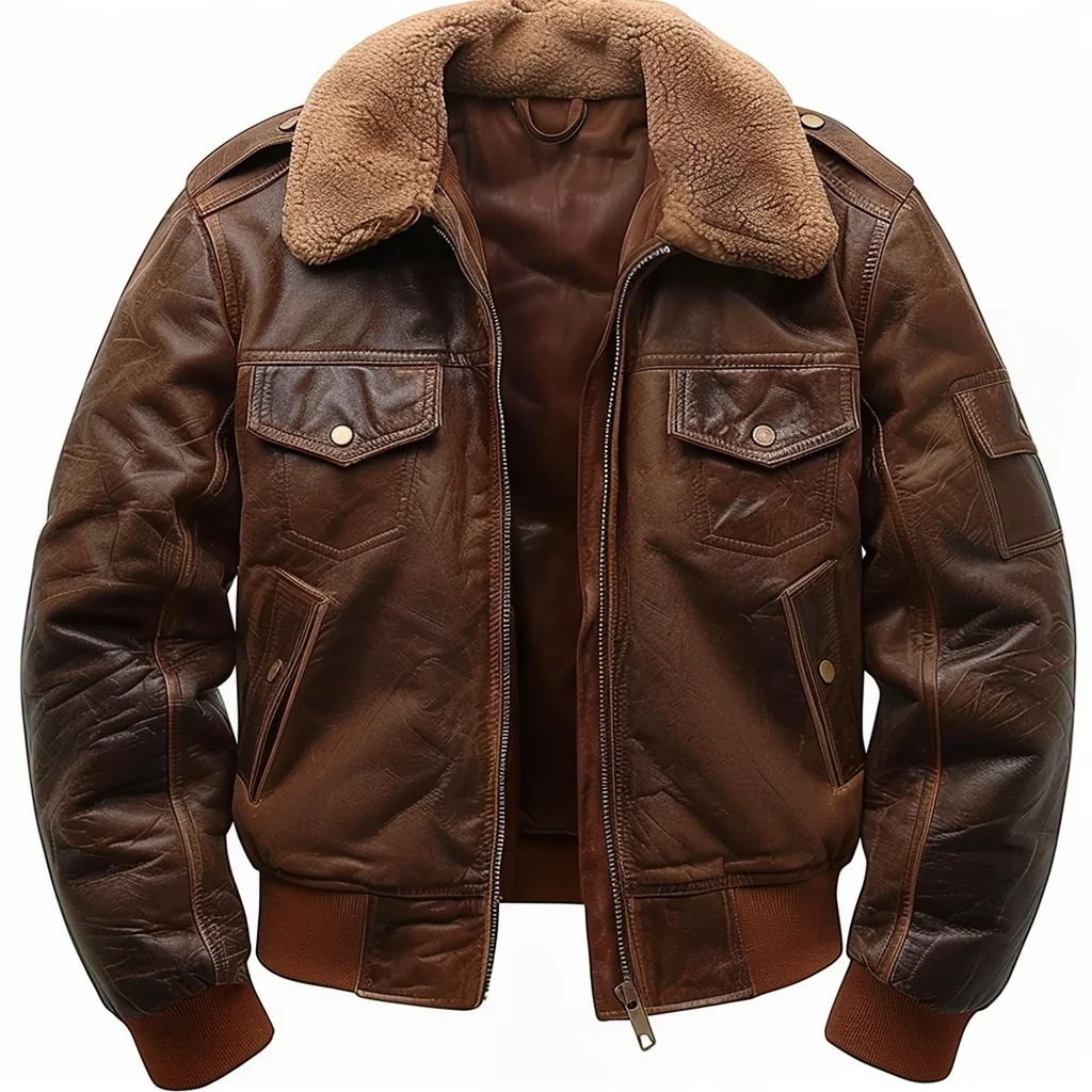 Men's aviator A-2 jacket with long sleeves, zip front, collar and multiple pockets