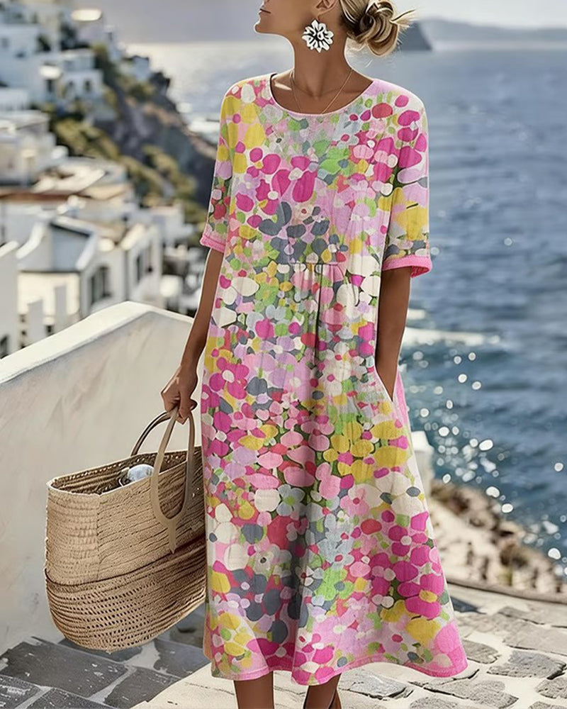 Women's abstract floral midi dress with round neck and short sleeves