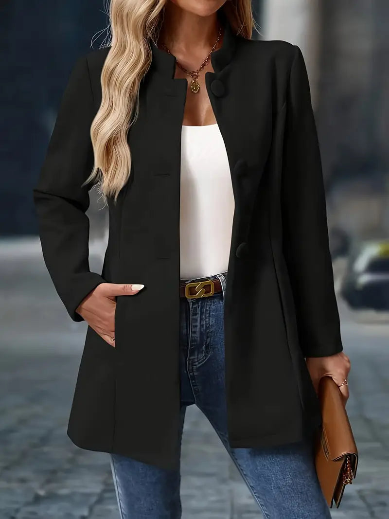 Women's slim-fit long coat with mandarin collar, covered buttons and front pockets