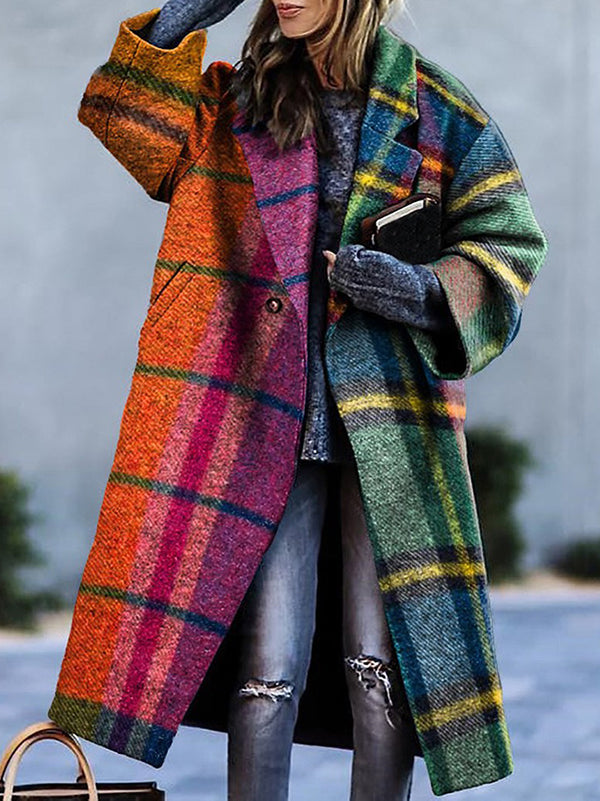 Women's multicoloured checked longline coat with lapel collar and three-quarter sleeves