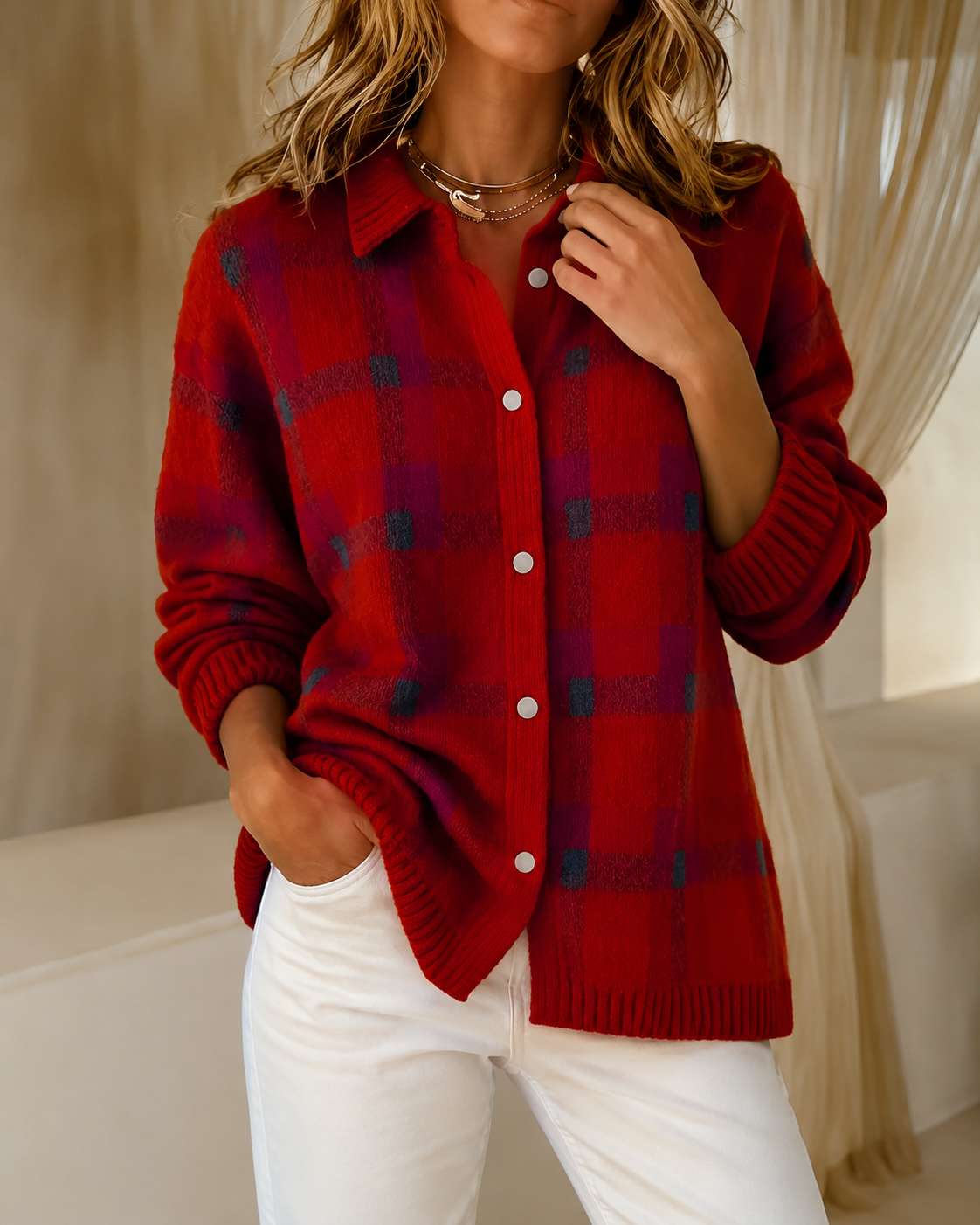 Women's checked knitted cardigan with collared neckline, long sleeves and button fastening