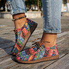 Women's multicoloured geometric patchwork lace-up sneakers with round toes and flat soles