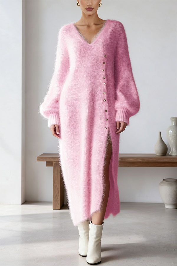 Women's plain knitted midi dress with V-neck, button front and balloon sleeves